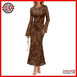 Long Sleeve Ruched Bodycon Maxi Dress, Jacquard Mesh, Wedding Guest